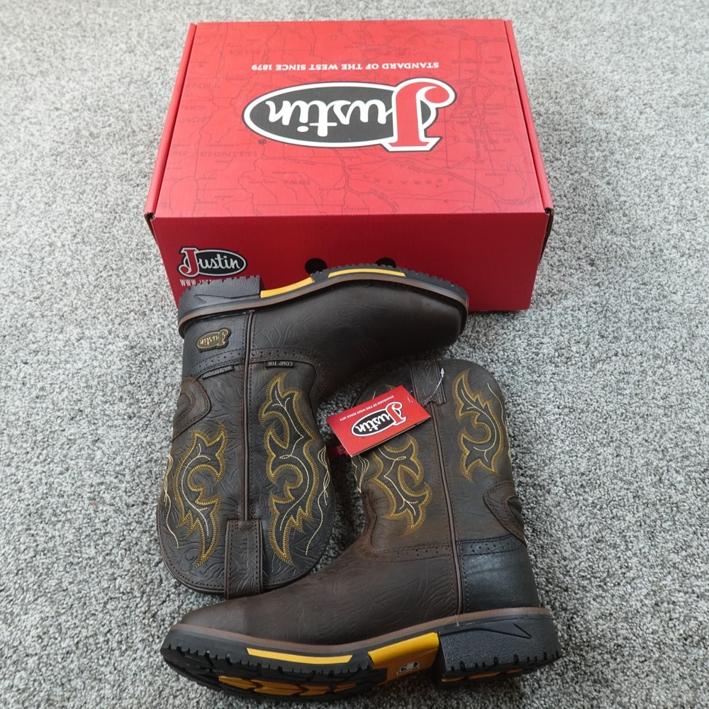 New Justin Boots Mens 10 D Brown Waterproof Composite Toe Western Work Shoes